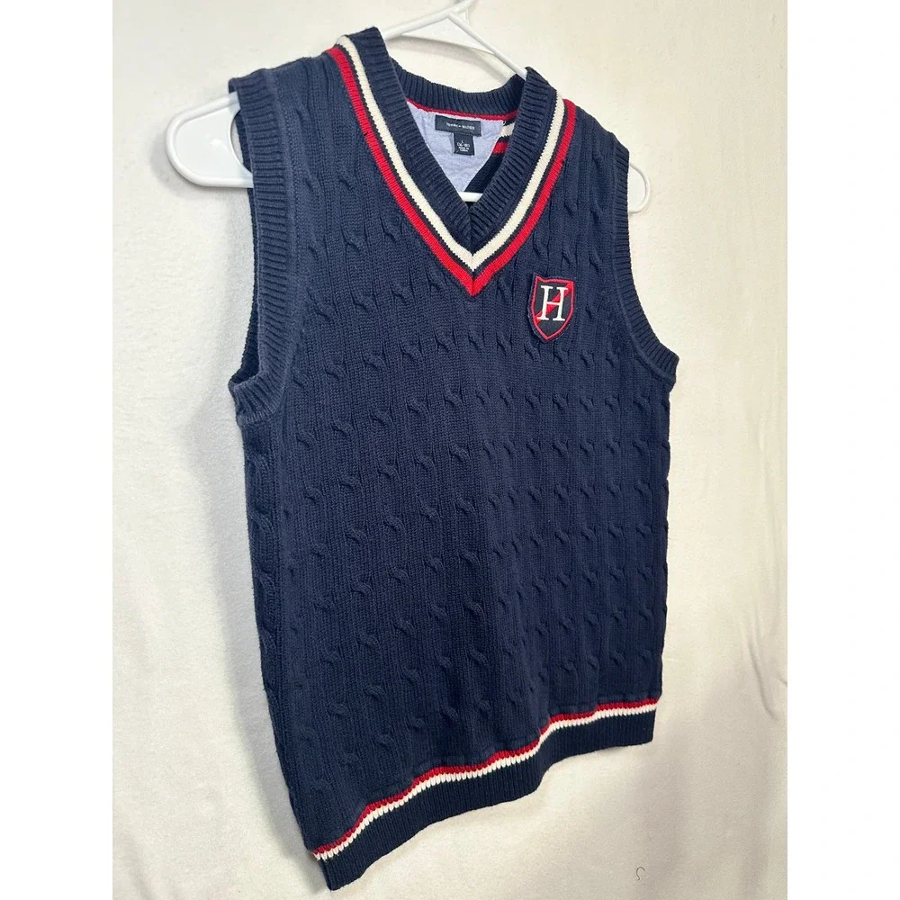 Tommy Hilfiger Boys Navy Cable Knit V-Neck Sweater Vest Striped‎ Trim Sz L 16-18